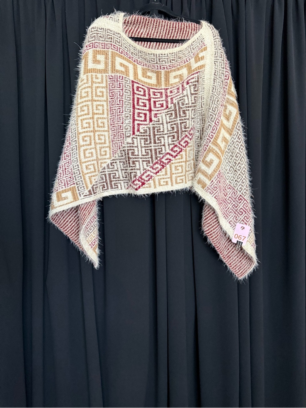 Geometric Knit Poncho in Cream, Brown & Pink